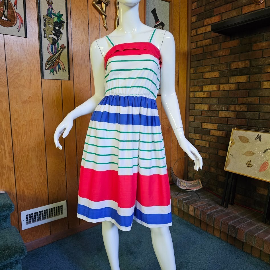 Vtg 70s Preppy Striped Vicky Vaughn Sprouts Full Skirt Sundress Day Dress XS/S