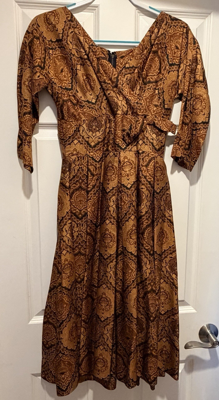 Vintage 50s 60s Fit & Flare Evening Dress Swing Skirt XS Copper Brown Paisley