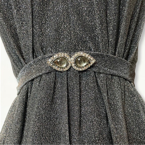 Vintage 1970s Silver Metallic Studio 54 Keyhole Jewel Belted Halter Maxi Dress