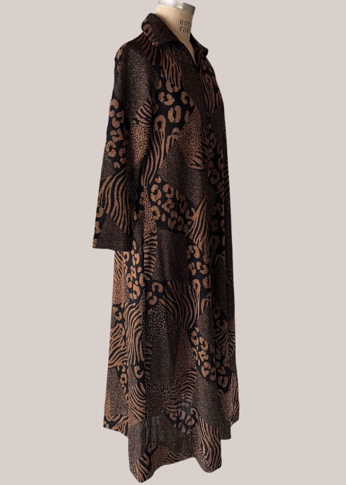 Vintage David Brown California Metallic Safari Leopard Kaftan Dress Mumu Small