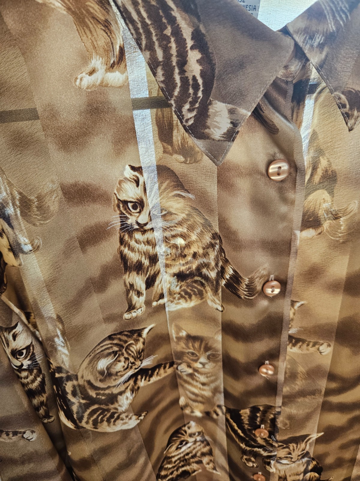 Vintage Bonworth Shear Polyester Cat Print Long Sleeve Button Down sz XL