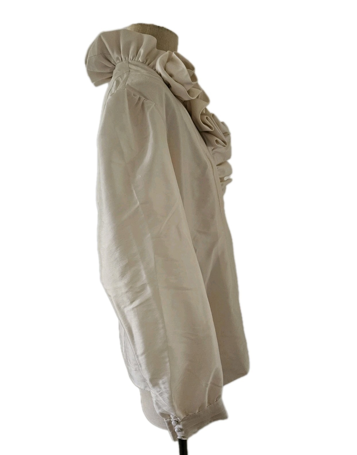 VTG J Peterman Rosette Ruffle Blouse Cream Taffeta High Neck Edwardian Size 14