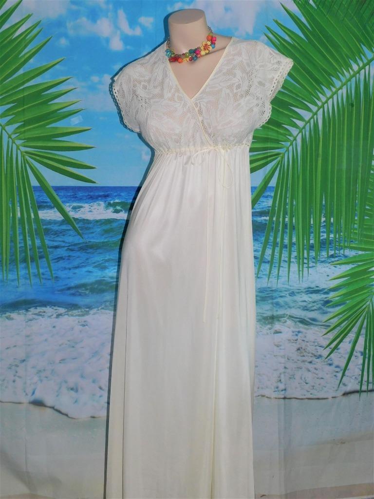 S Ivory Vng Lingerie Gown Beautiful Crochet Lace Bodice V Neck Excellent AZNW