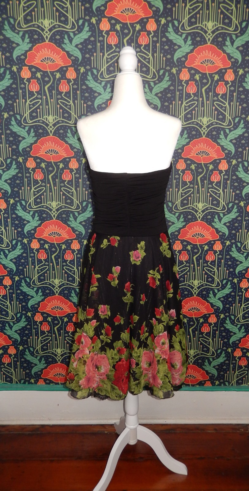 Vintage Y2k Strapless Ruched Rose Print Fit Flare Whimsigoth Party Dress