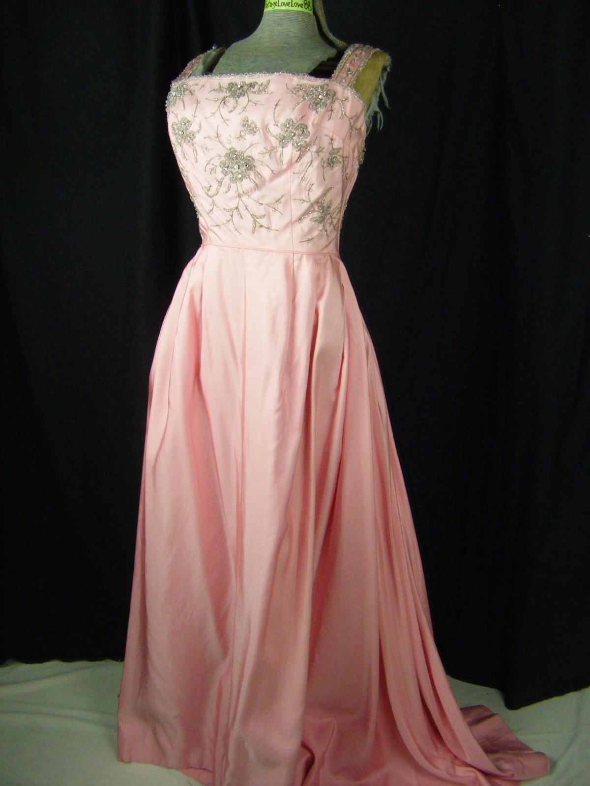 RAPPI Vtg 50s Pink Silver Heavy Beaded Floral Party Dress-Bust 33/2XS