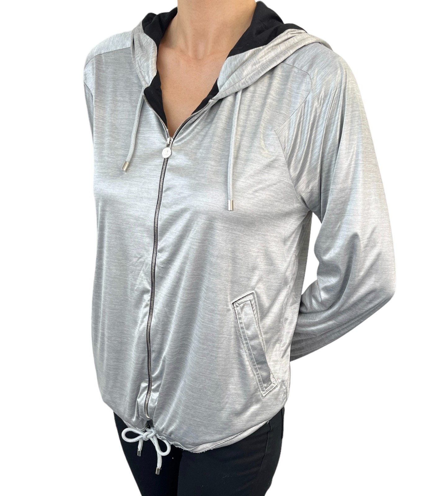 CHANEL Vintage P43484 Big CC Logo Zip Hoodie Jacket #42 Silver Black 901958