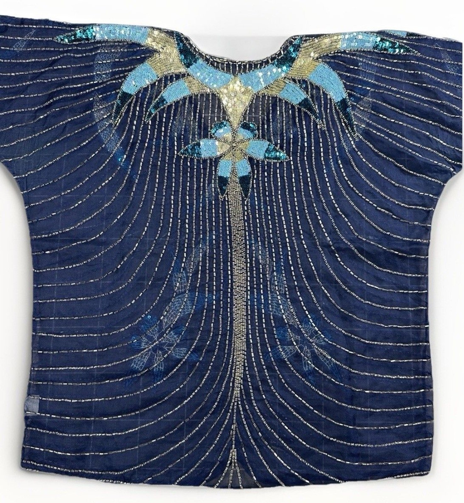 VTG 80s Boho Luxury Beaded Sequin Silk Blouse Blue Butterfly Art Deco Glam Top