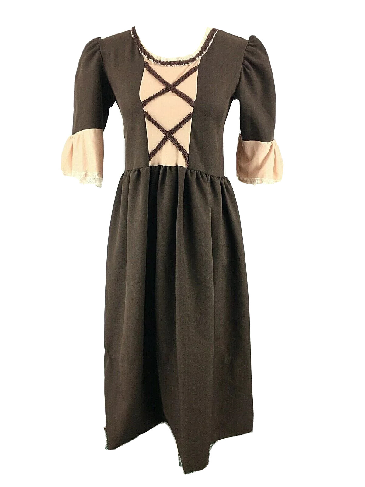 Homemade Vtg 40s 50s Flounce Lace Trim Prairie Boho Dress Size XS (msrd) Brown