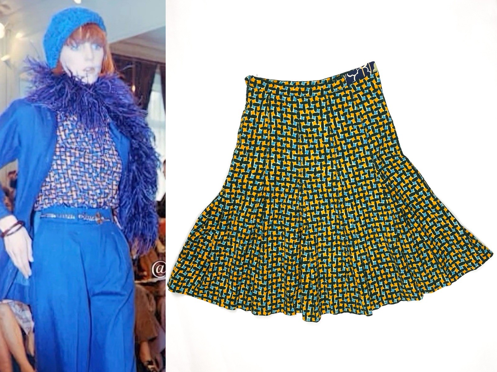 Yves Saint Laurent Fall 1973 Blue Yellow Print Flared Skirt FR 38 Vintage 1970’s
