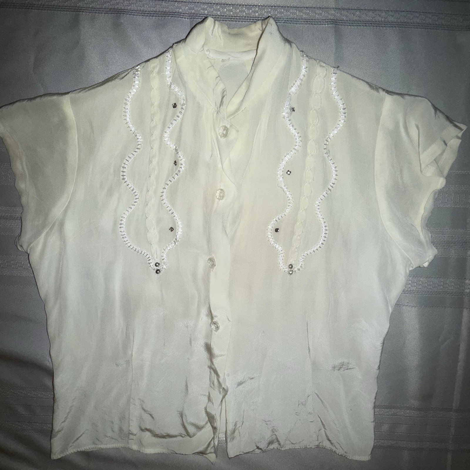 Vintage Silky White Blouse faux diamond /bead sequence collar dainty Size SMALL
