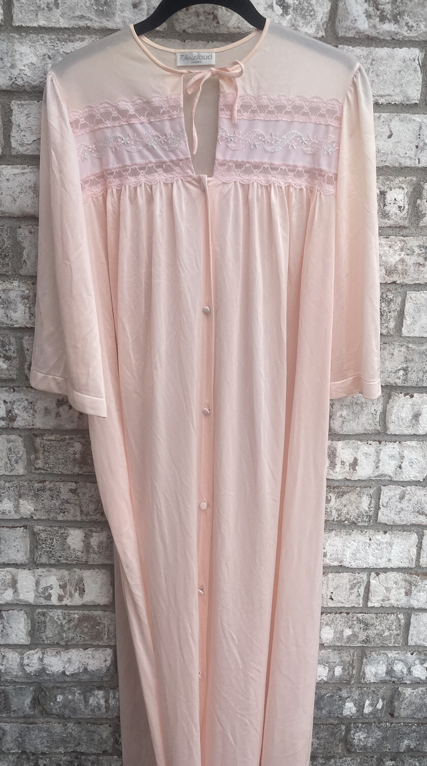 Vintage Sans Souci Nightgown Robe Size Small Nylon With Lace Bodice 3/4 Sleeves