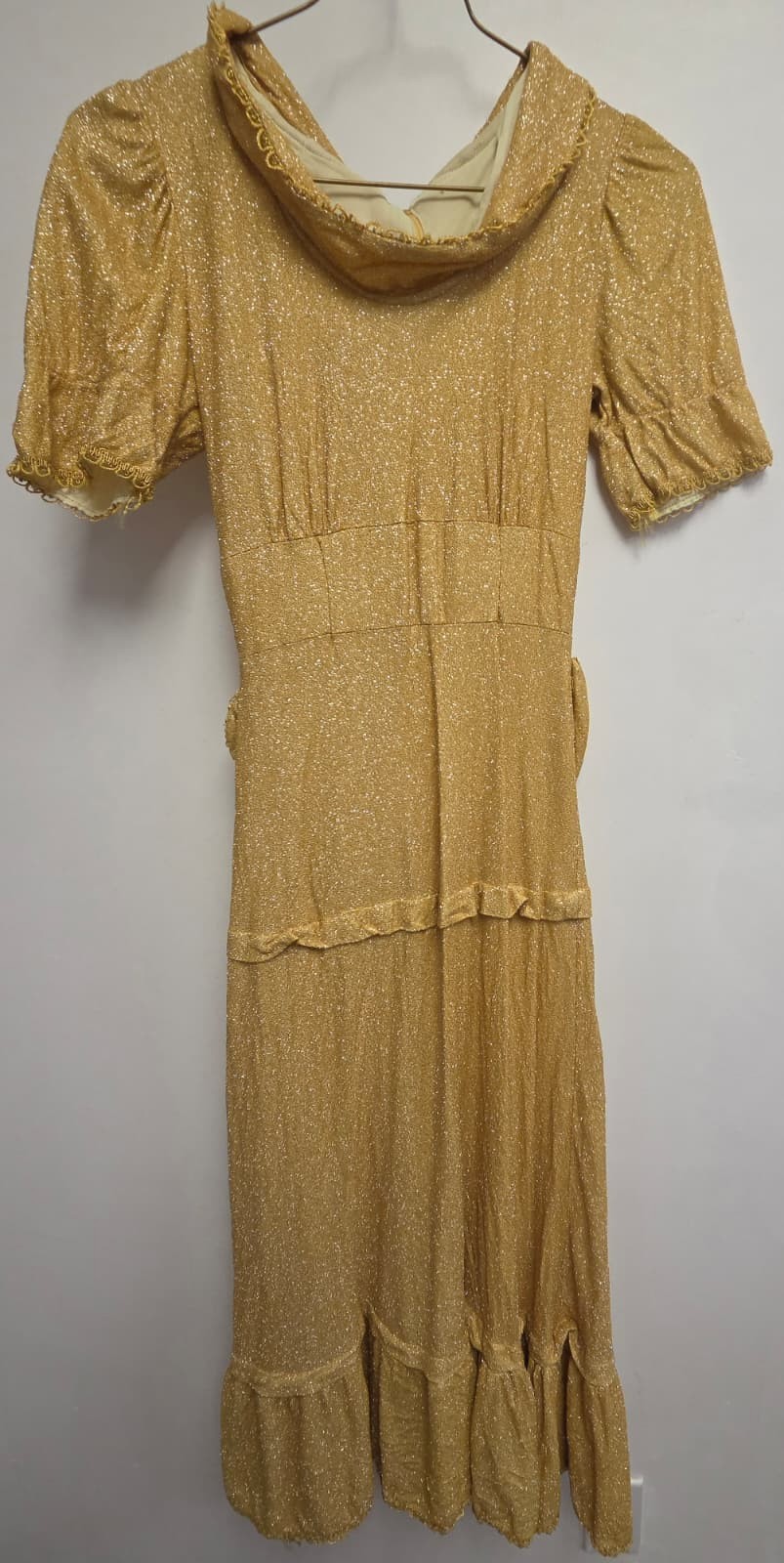 Vtg 40s Hollywood Glamour Liquid Gold Sparkle Gown Tiered Ruffle Prairie Dress