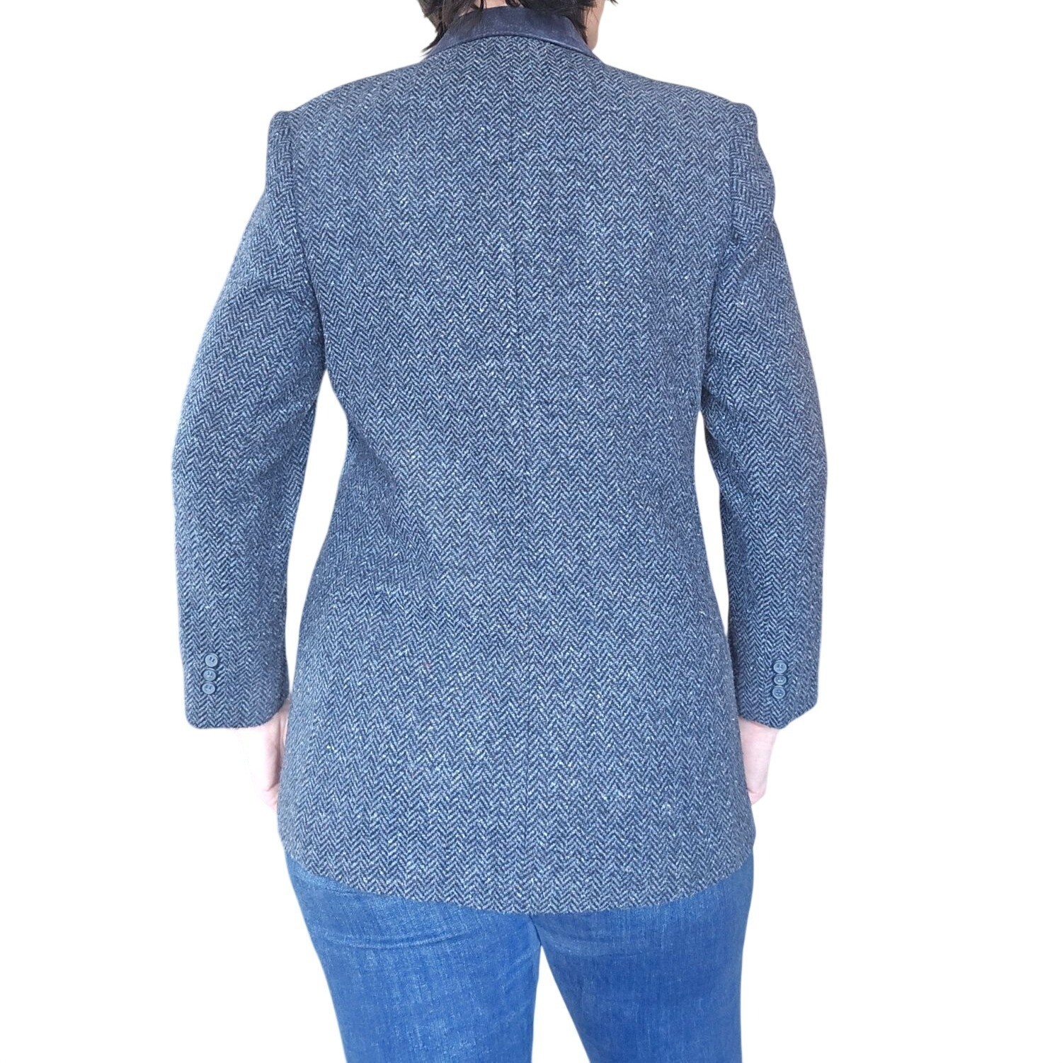 Vintage 90s White Stag Herringbone Blue Grey Blazer Pig Suede Collar Women&rsquo;s 10