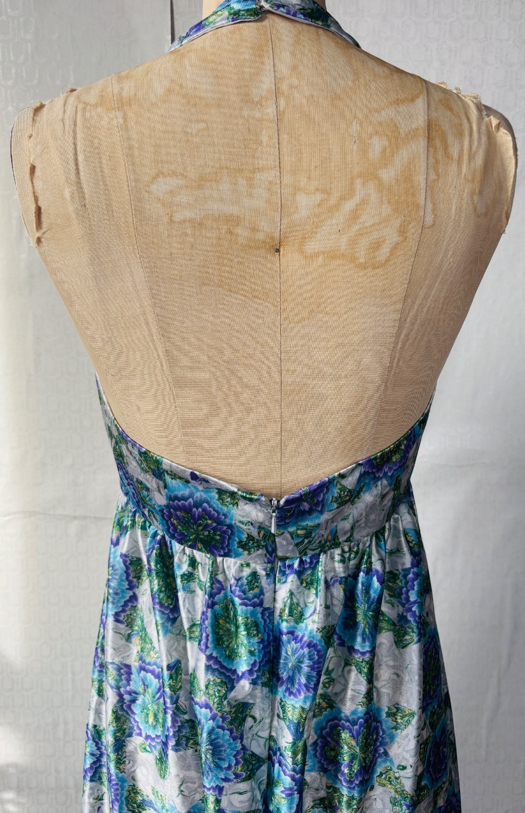 VTG 70&rsquo;S HIPPY BOHO HANDMADE BLUEWHITE&PURPLE FLORAL PAISLEY MAXI DRESS+WRAP*S/M