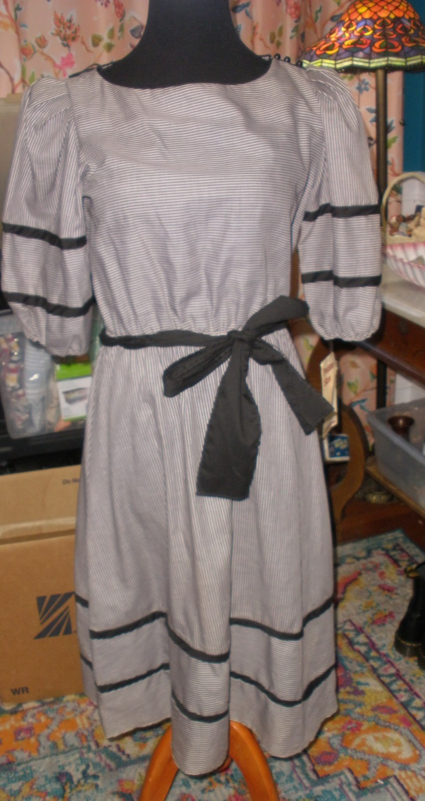 Vintage 70s Sally Petite Black Striped Secretary Dress Montgomery Ward 12P