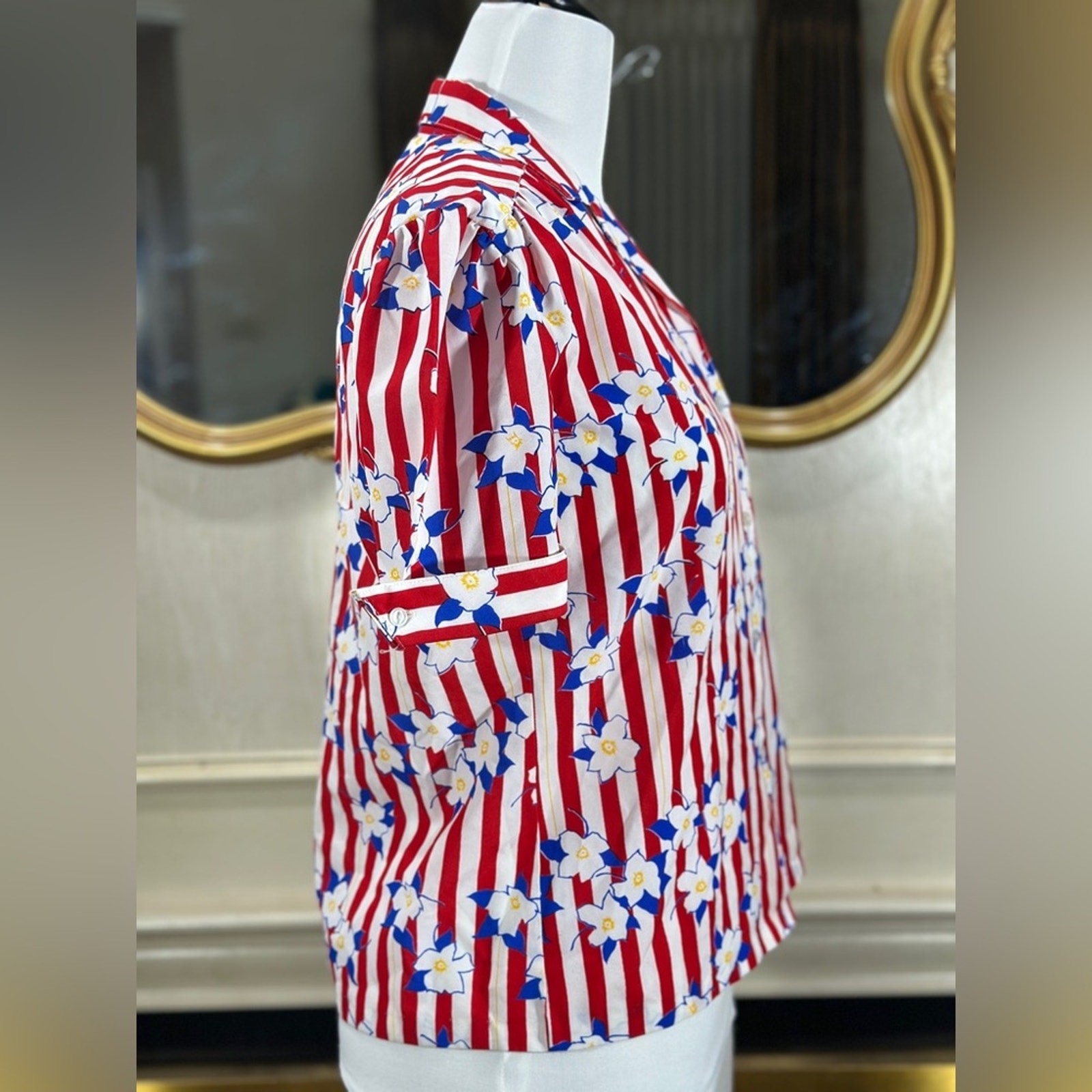 Vintage Silkhana Red White Striped Floral Button-Up Shirt | 80s 90s Blouse M