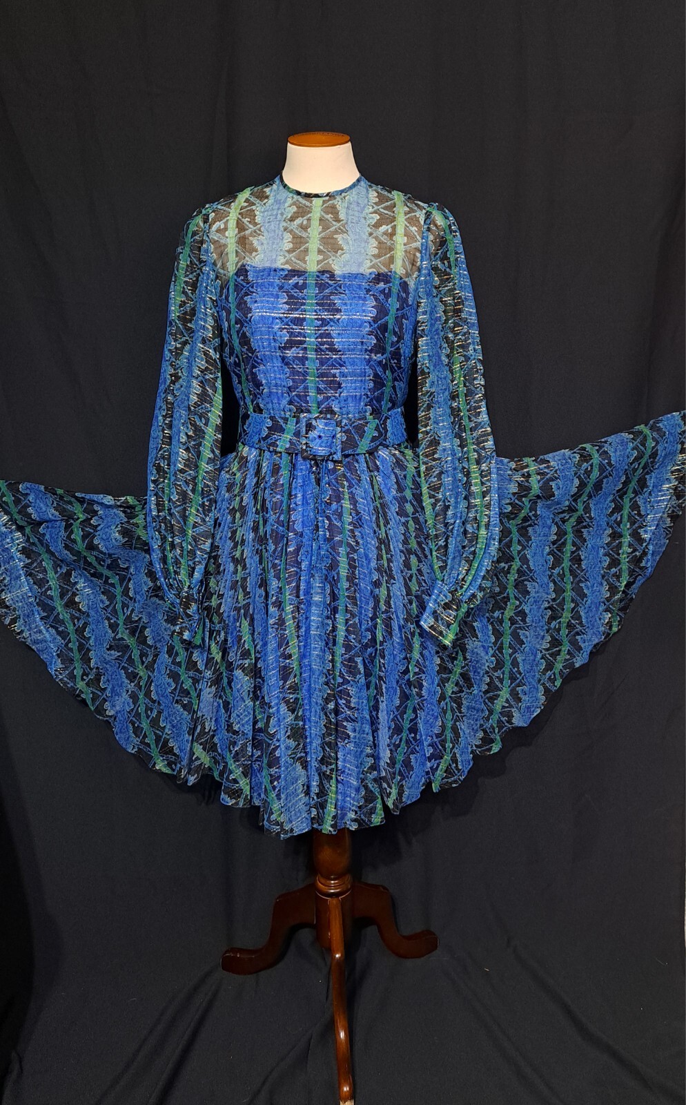 Vintage Hardy Amies Savile Row Metallic Shimmer Chiffon Dress Sz S Pleated Skirt