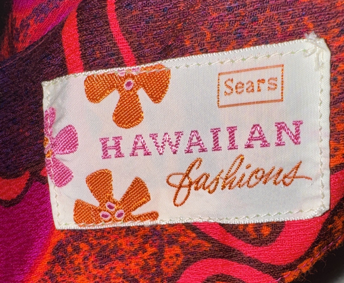 Vintage Sears Hawaiian Fashions Orange Purple Blue Barkcloth Maxi Dress 36” Bust