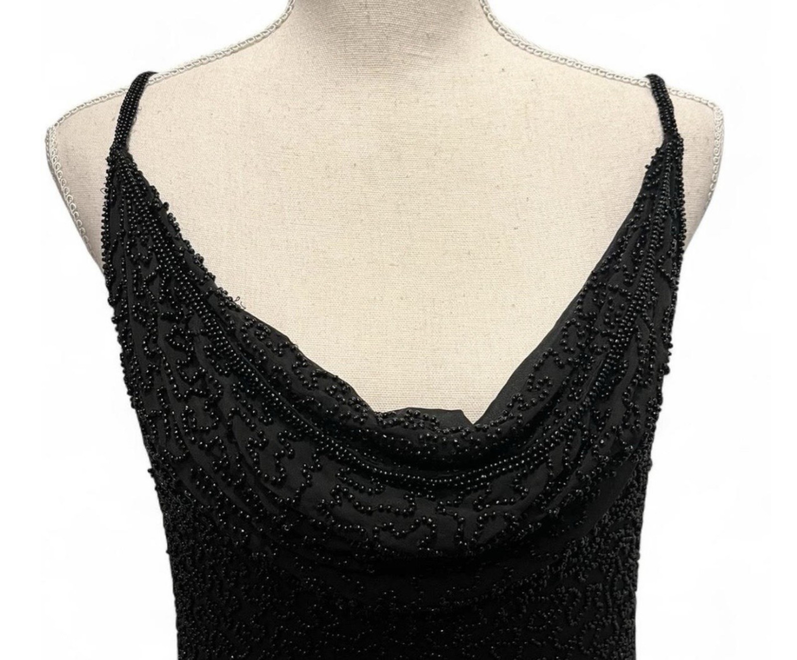 Vintage Stenay 100% Silk Fully Beaded Black Maxi Dress Size 6 Evening Gown 36&Prime; c