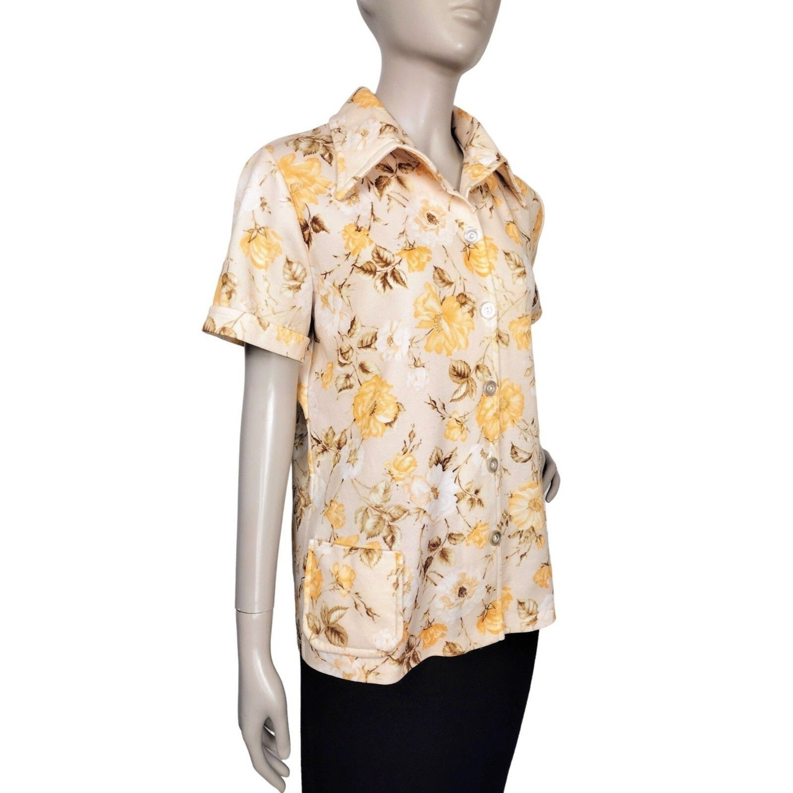 Vintage 70s Floral Button-Front Dagger Collar Sears Smock Top Women&rsquo;s Size M/L