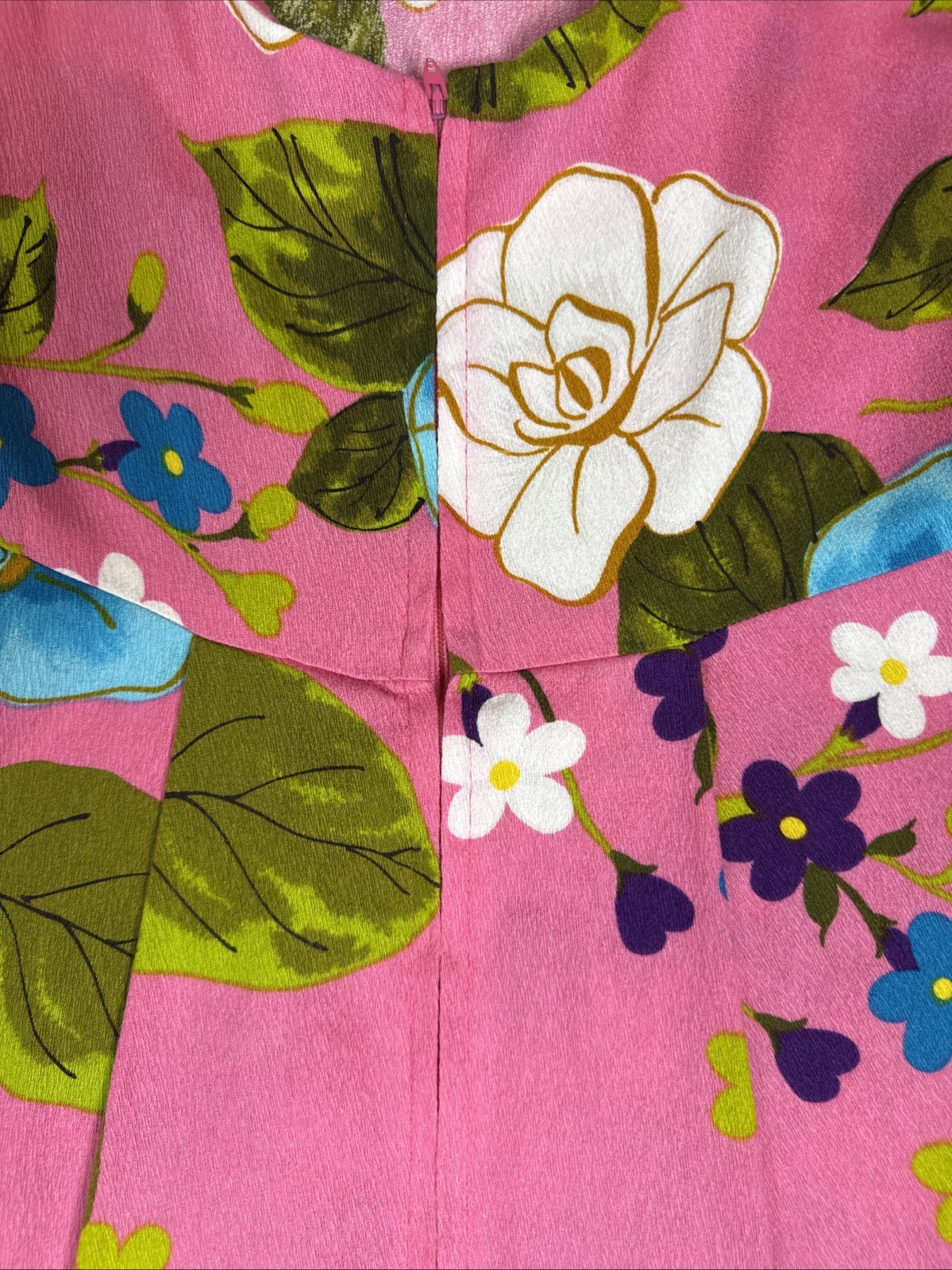 VTG 60s Ui-Maikai Hawaiian Pink Floral Barkcloth Maxi Dress Resort Tiki Luau