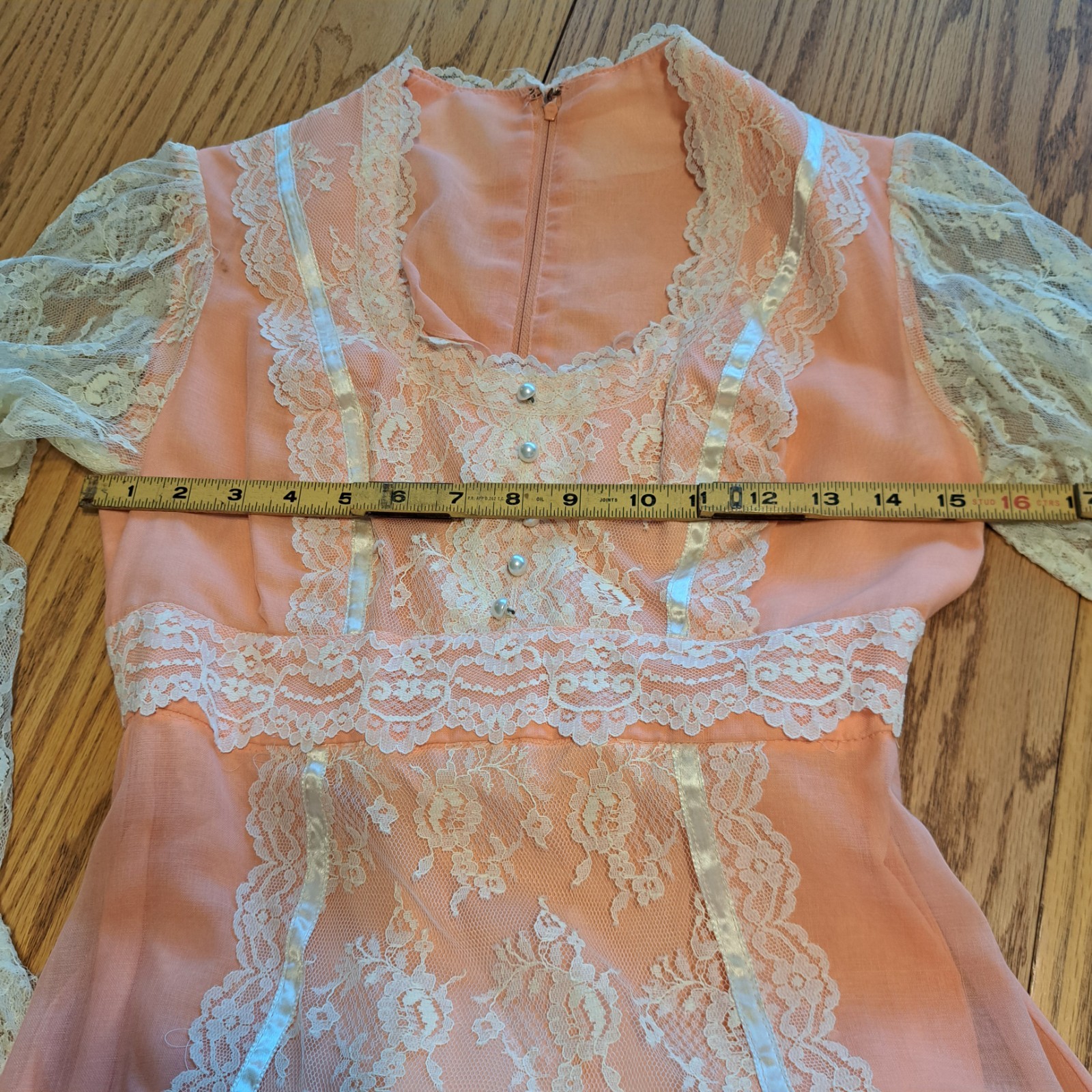 Vtg 70s Peach Chiffon Lace Prairie Granny Victorian Prom Maxi Gown Sz 7/8 Flaws