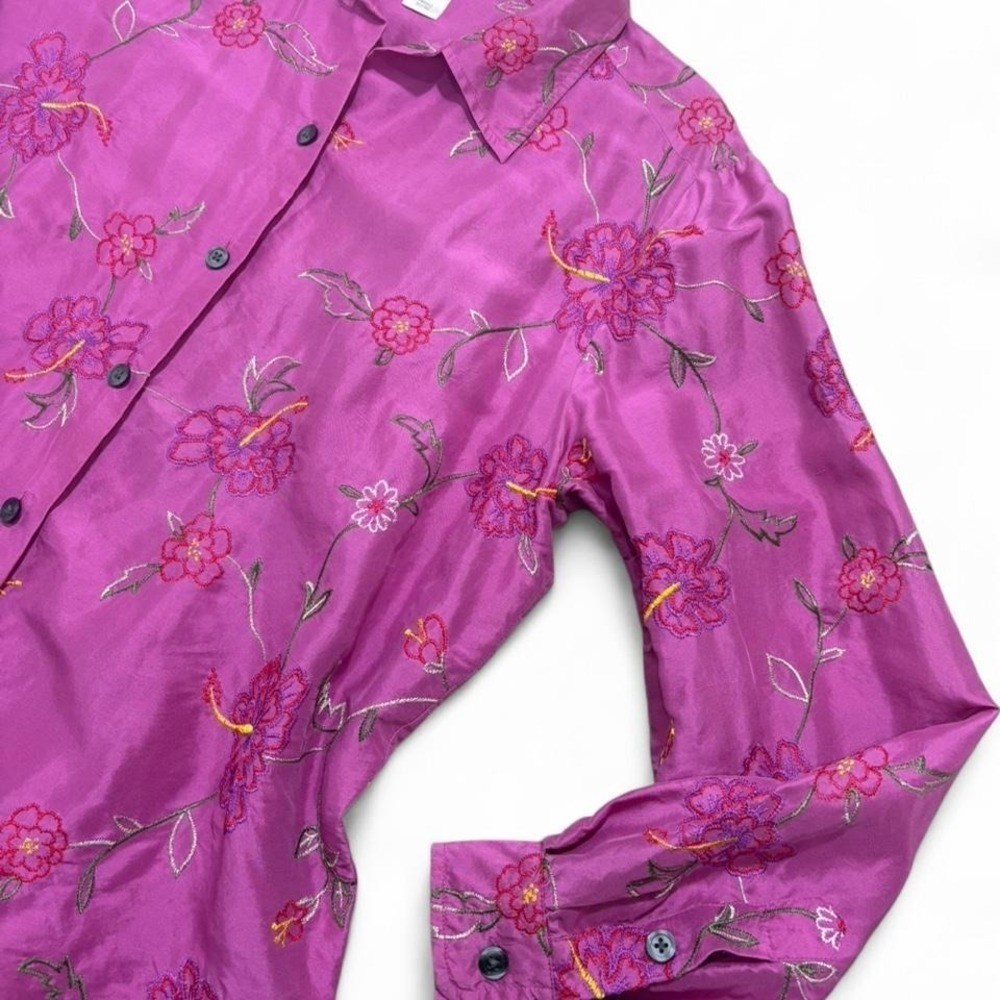 VTG Silk Blouse Embroidered Fairycore Coldwater Creek Floral Magenta Size M
