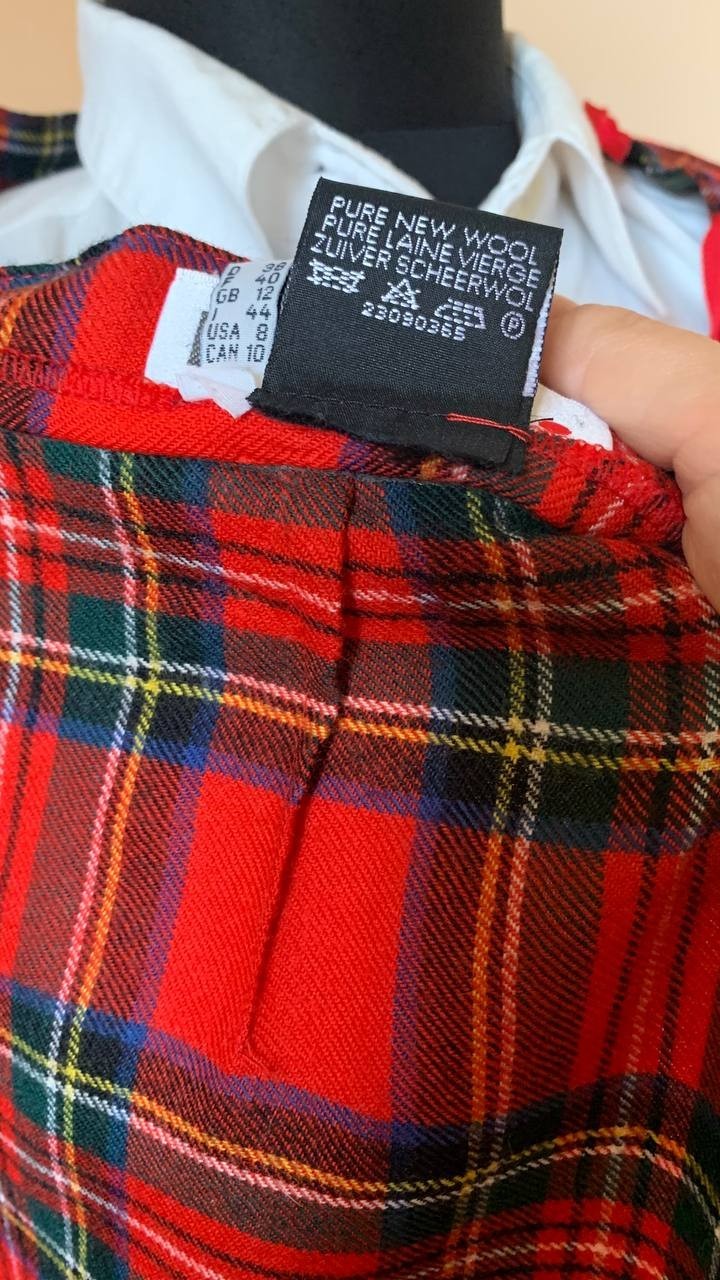 Vintage HIRSCH Scottish Kilt Skirt Pure New Wool Red Tartan Plaid Pleated EU 38