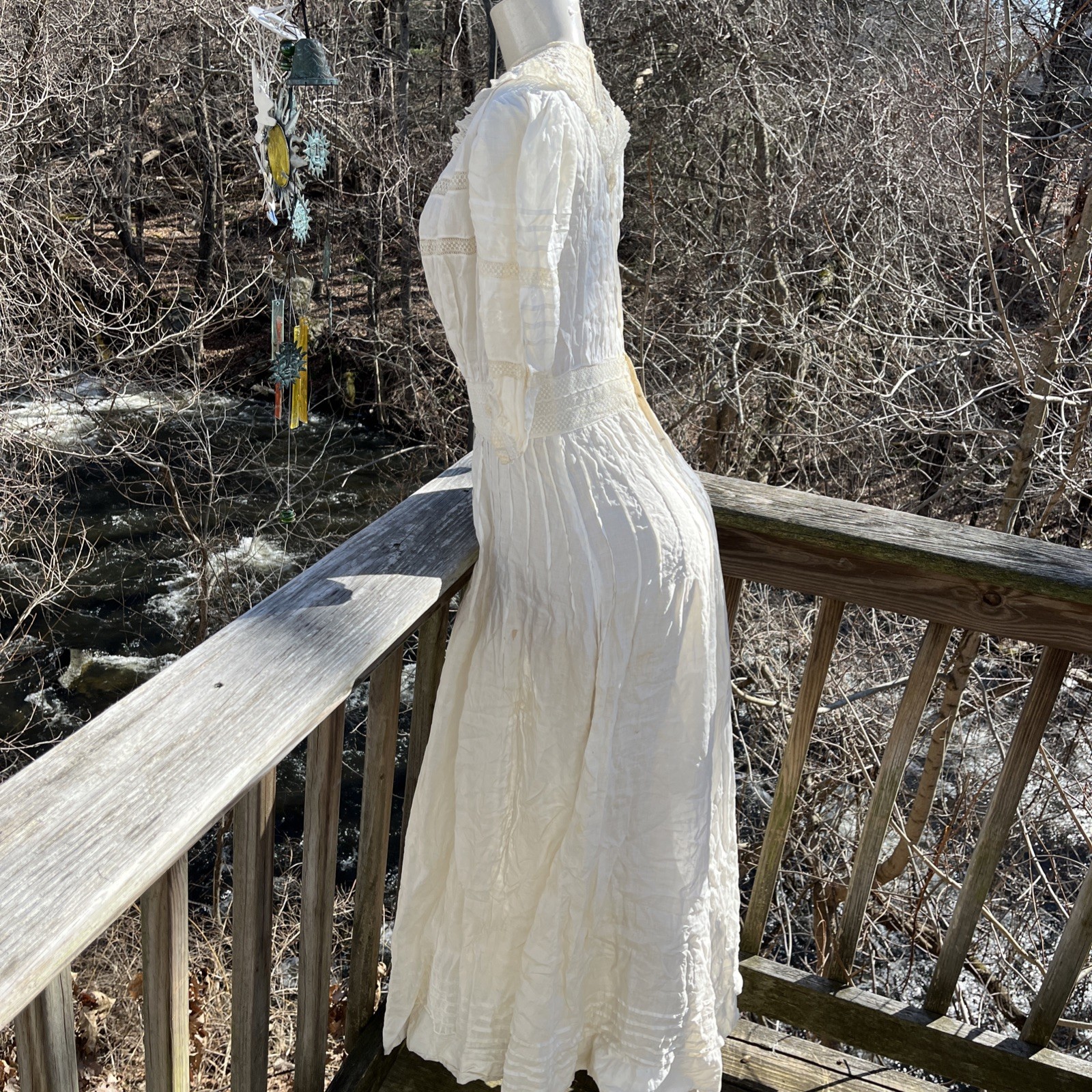 Authentic Edwardian Off White Cotton Lawn Dress c.1900 Lace Pintuck Button Back