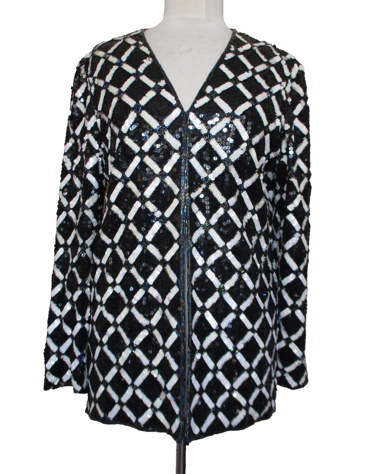 Vintage Joan Leslie Evenings Women&rsquo;s Silk Sequin Jacket Black White Diamond M