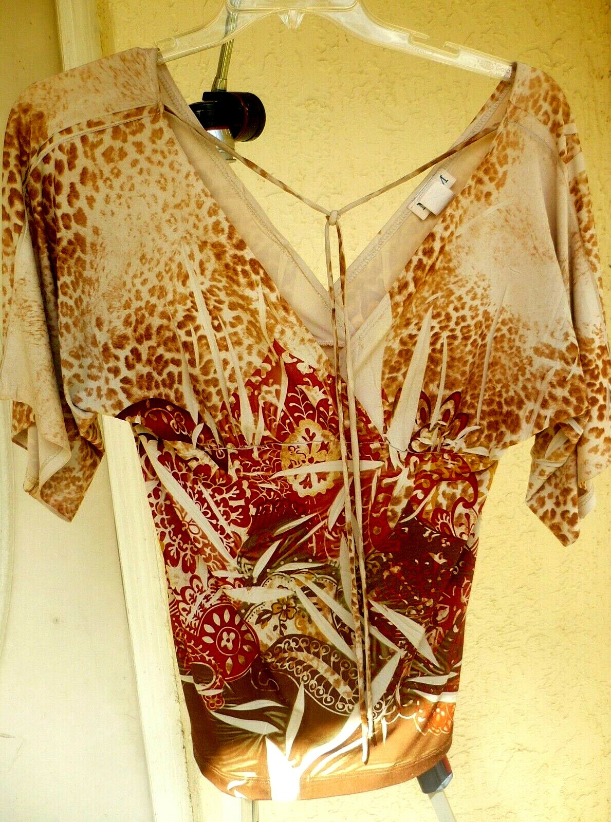 VTG MKM DESIGNS USA MADE M S BROWN LEOPARD PAISLEY EMPIRE WAIST TOP BLOUSE WOMEN