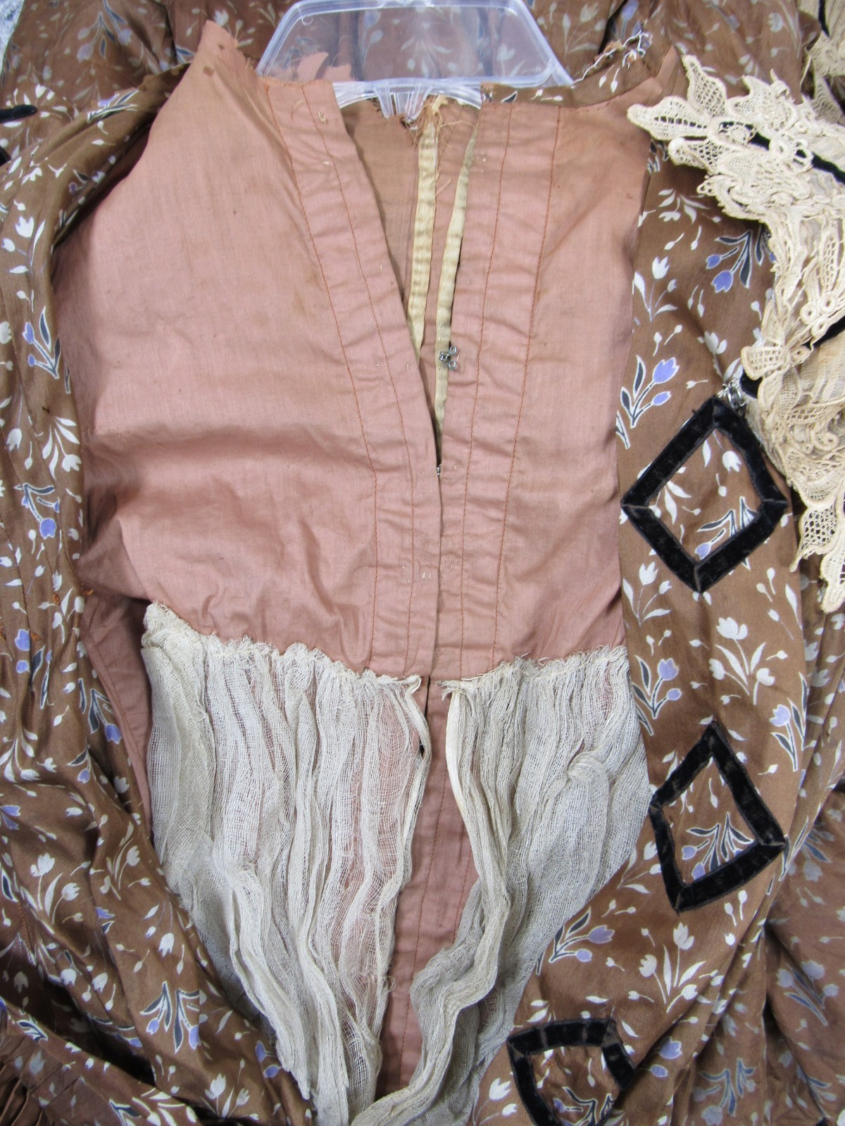 Antique Victorian 1890s Brown & Blue Silk Floral Calico Print Dress Maxi Vintage