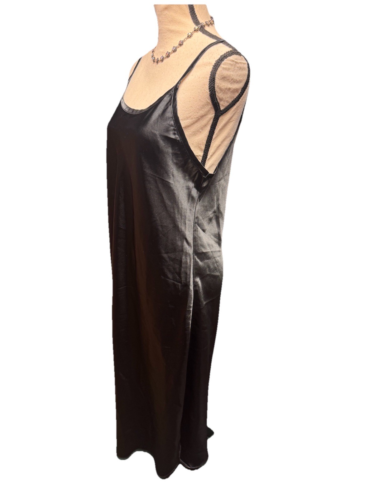 Y2K Vintage Gilligan & O&rsquo;Malley Maxi Slip Dress Large Black Satin Lace Chemise