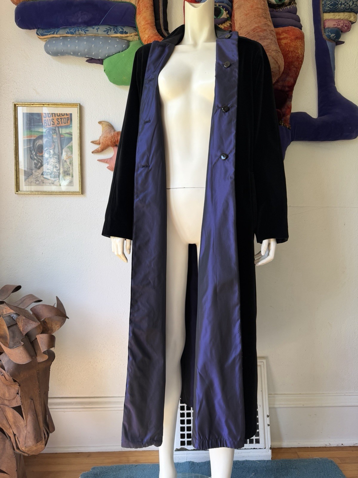 Vintage BLACK VELVET REVERSIBLE Drizzle Coat Purple Saks Fifth Ave Long Opera 10