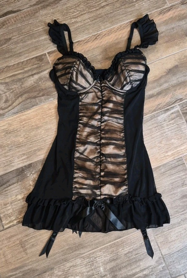 XS/S Vtg Frederick&rsquo;s of Hollywood Black & Gold Mesh Chemise Nightie Dress