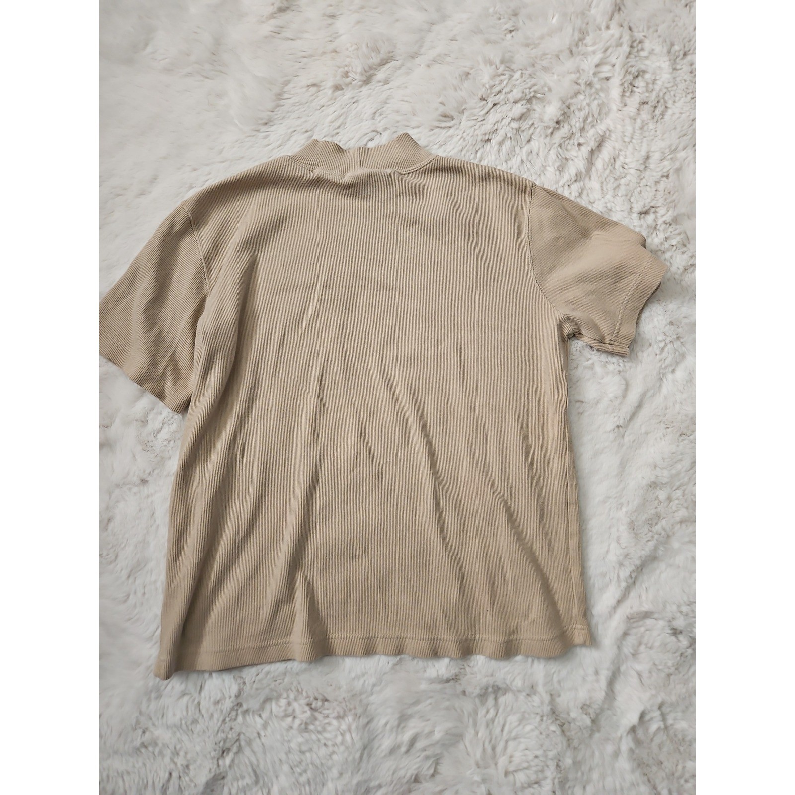 Vintage 90s Basic Editions Ribbed Mock Neck Short Sleeve Top L Tan