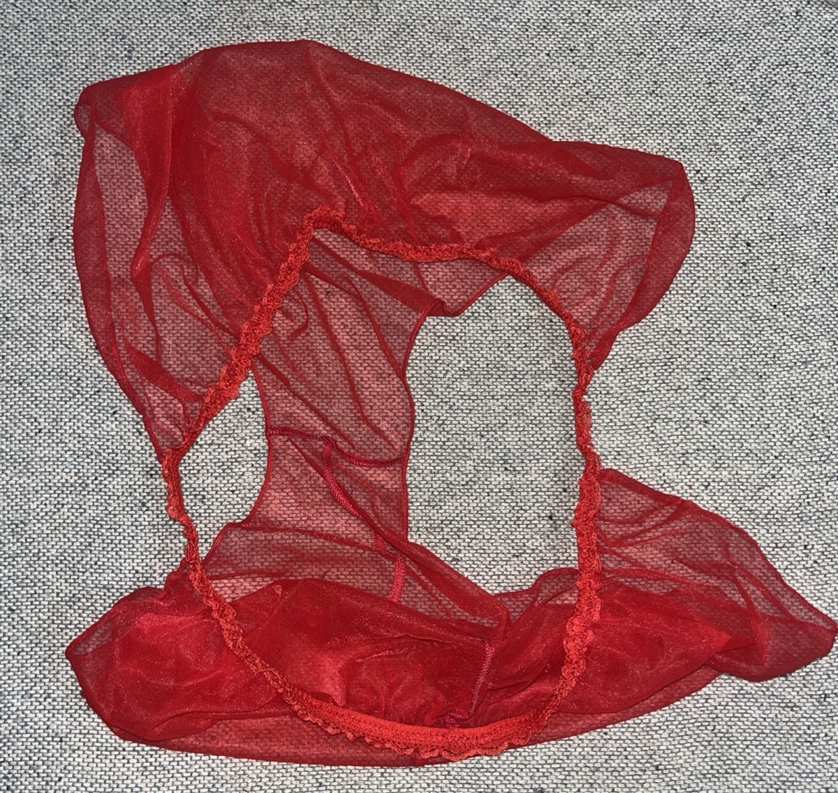Vintage 1970s Red Sheer Nylon String Lace Trim High Cut Legs Sissy Panties 2XL