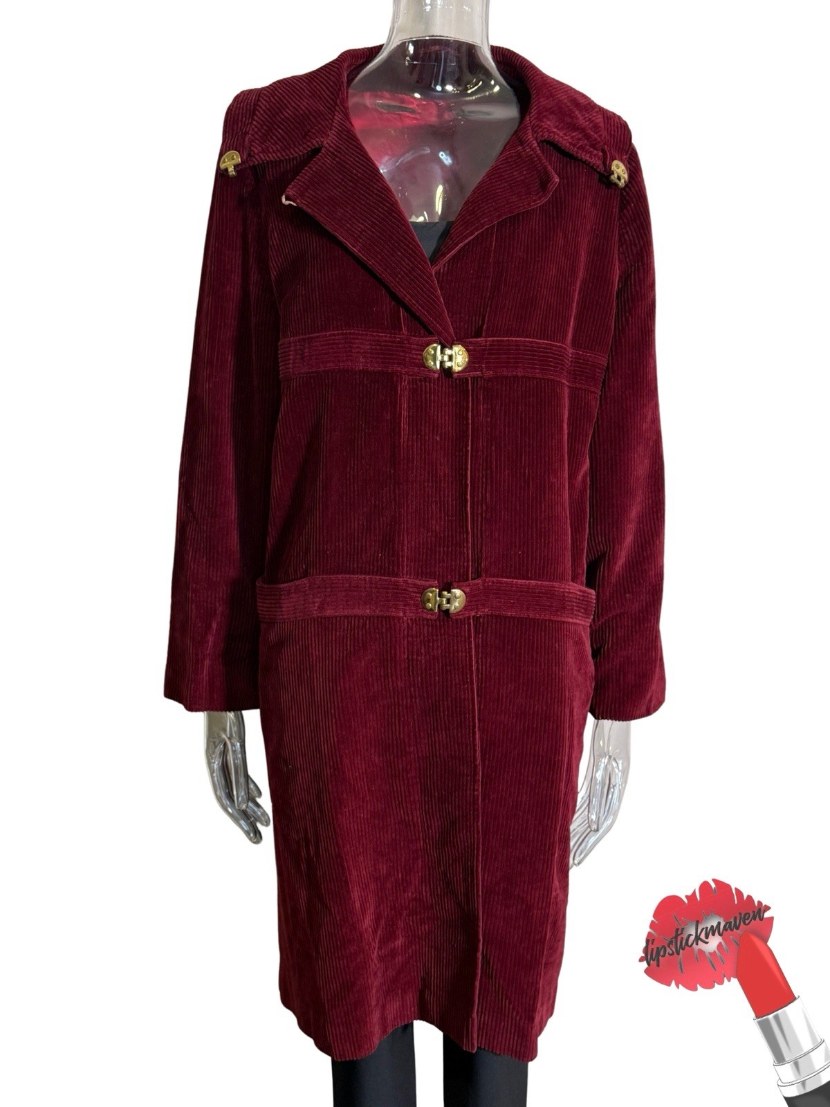 Vintage Weatherbee Coat Womens No Size Tag Burgundy Corduroy Gold Fasteners 70s