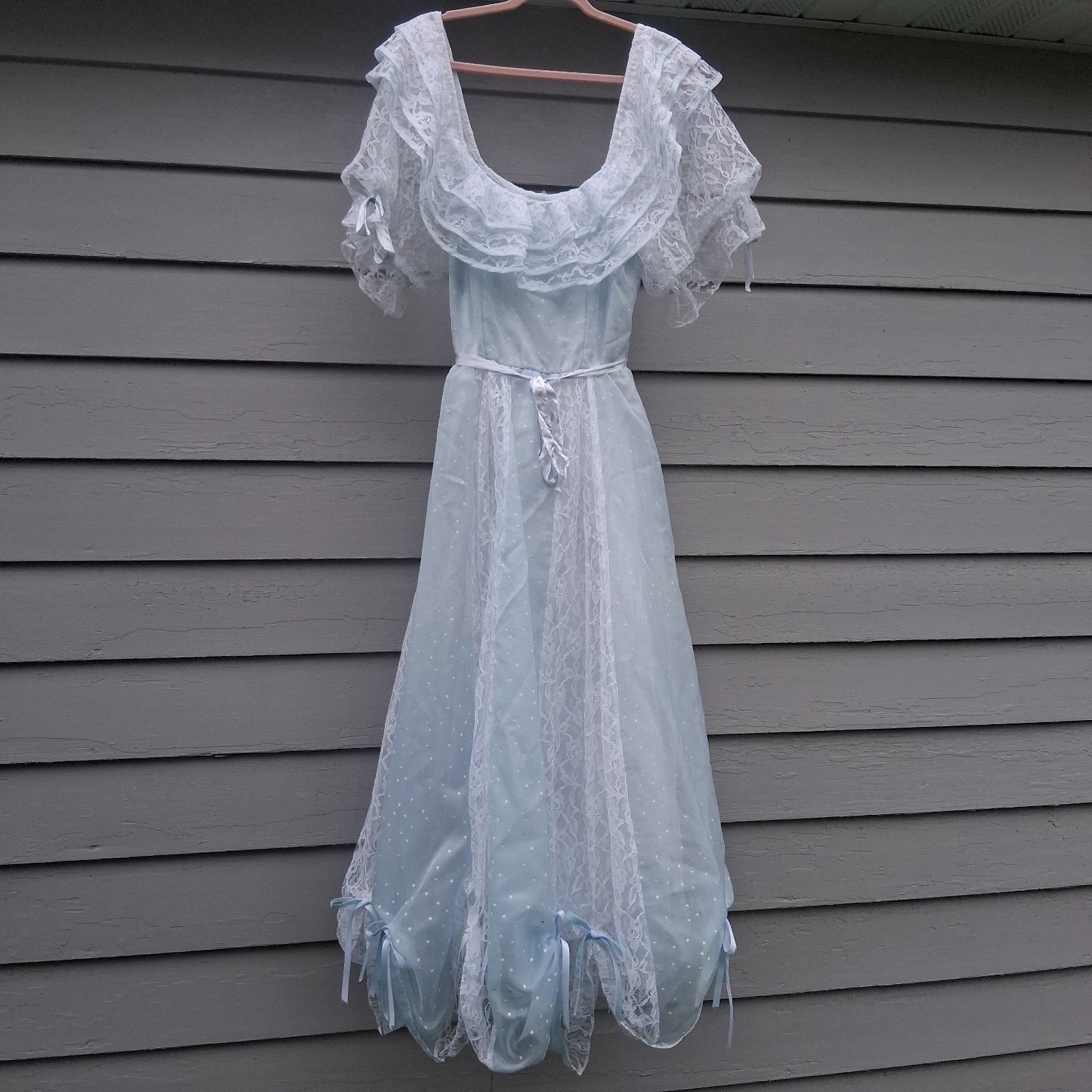 Vintage Romantic Victorian Revival Prairie Maxi Dress Sky Blue Lace Regencycore