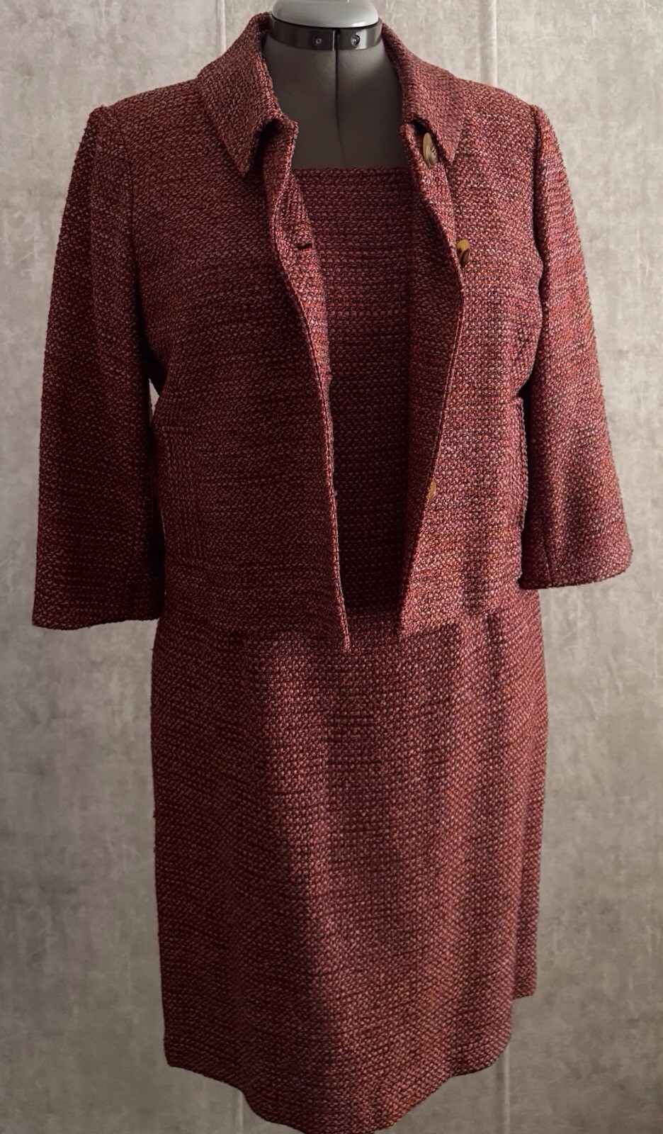 Talbots 2pc Silk Blend Multi Rasberry/Wine Tweed Sheath Dress Jacket Set Sz12P