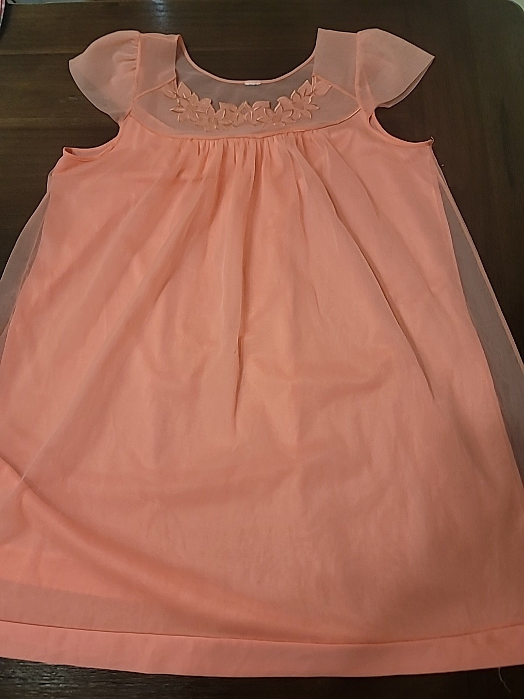 Vintage 60s Double Layer Sheer Chiffon Babydoll Nightgown Coral Size M L ? FLAW