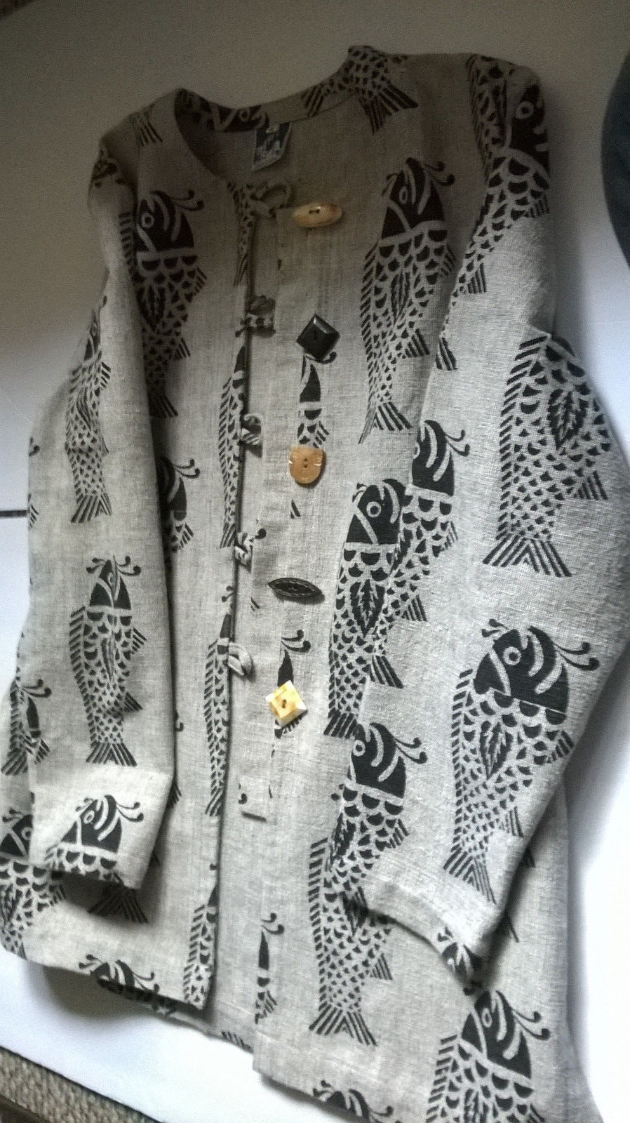 Nepal Cheppu Jacket Size Med Fish Print Made In Nepal Wood Resin buttons 1980s