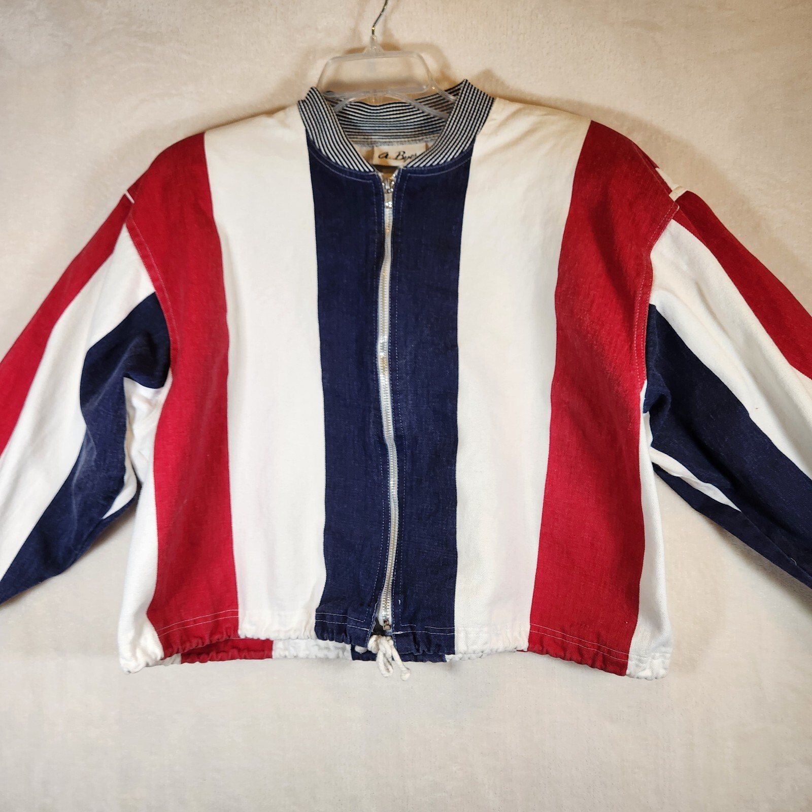 Vintage A. Byer Red White Blue Striped Denim Cropped Zip Up Jacket Small 80s 90s