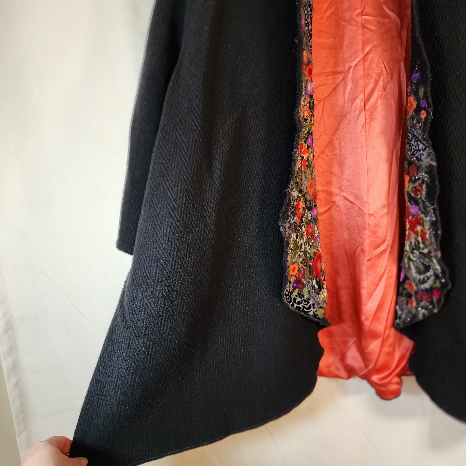 Vintage Hand Made Wool Jacket Satin Lined Velvet Felted Floral Art Lapel XL