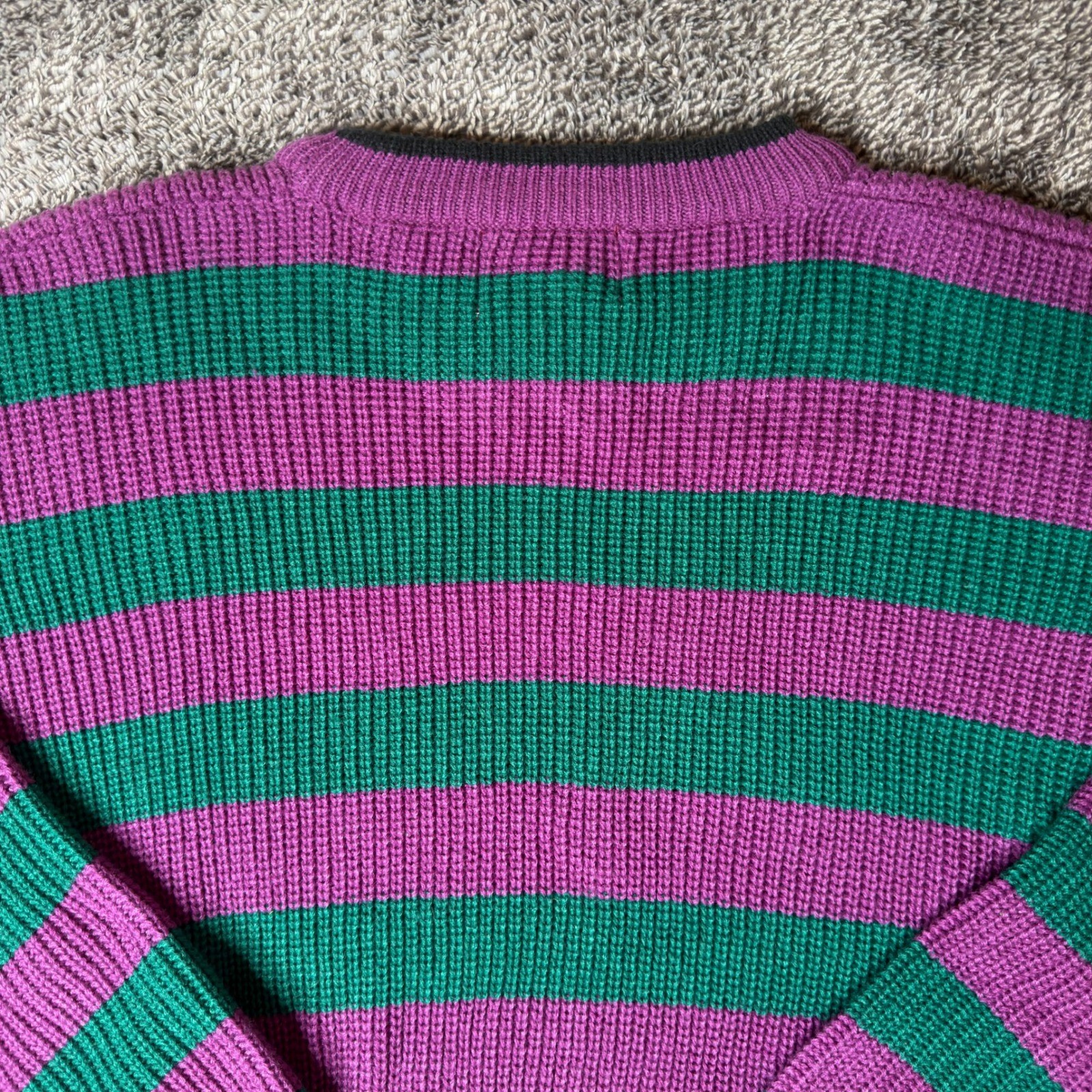 Vintage Trend Basics Purple Green Striped Knit Sweater Womens Large Acrylic Crew