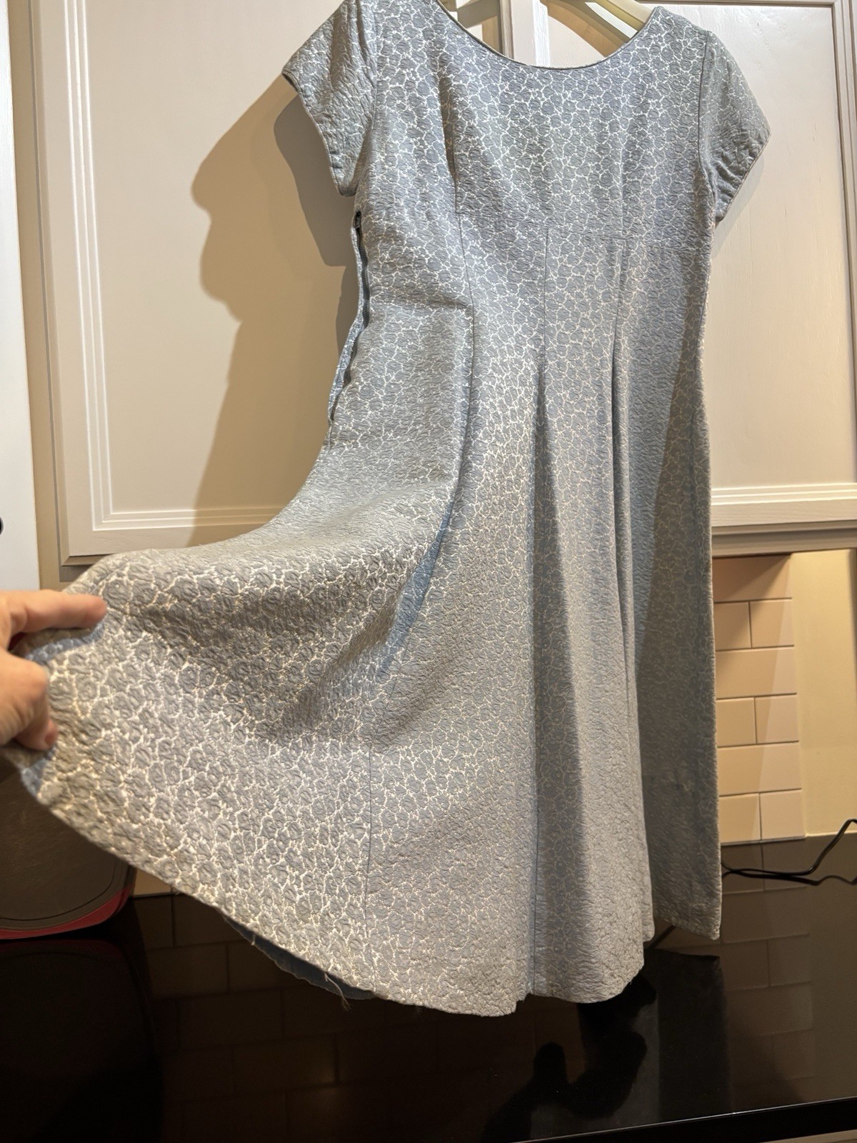 1960s Vintage Shimmering Powder Blue Floral Brocade Mid Length Dress. M/L Hand