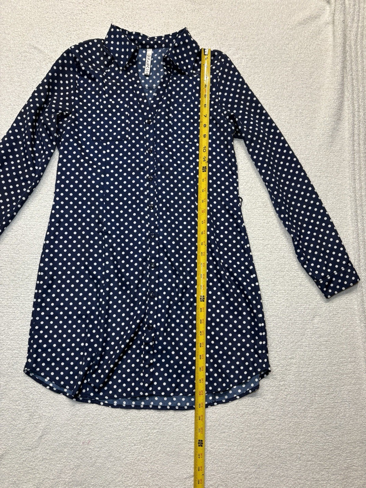 R N B Navy Blue Polka Dot Button Long Sleeve Dress – Size Medium Missing Belt