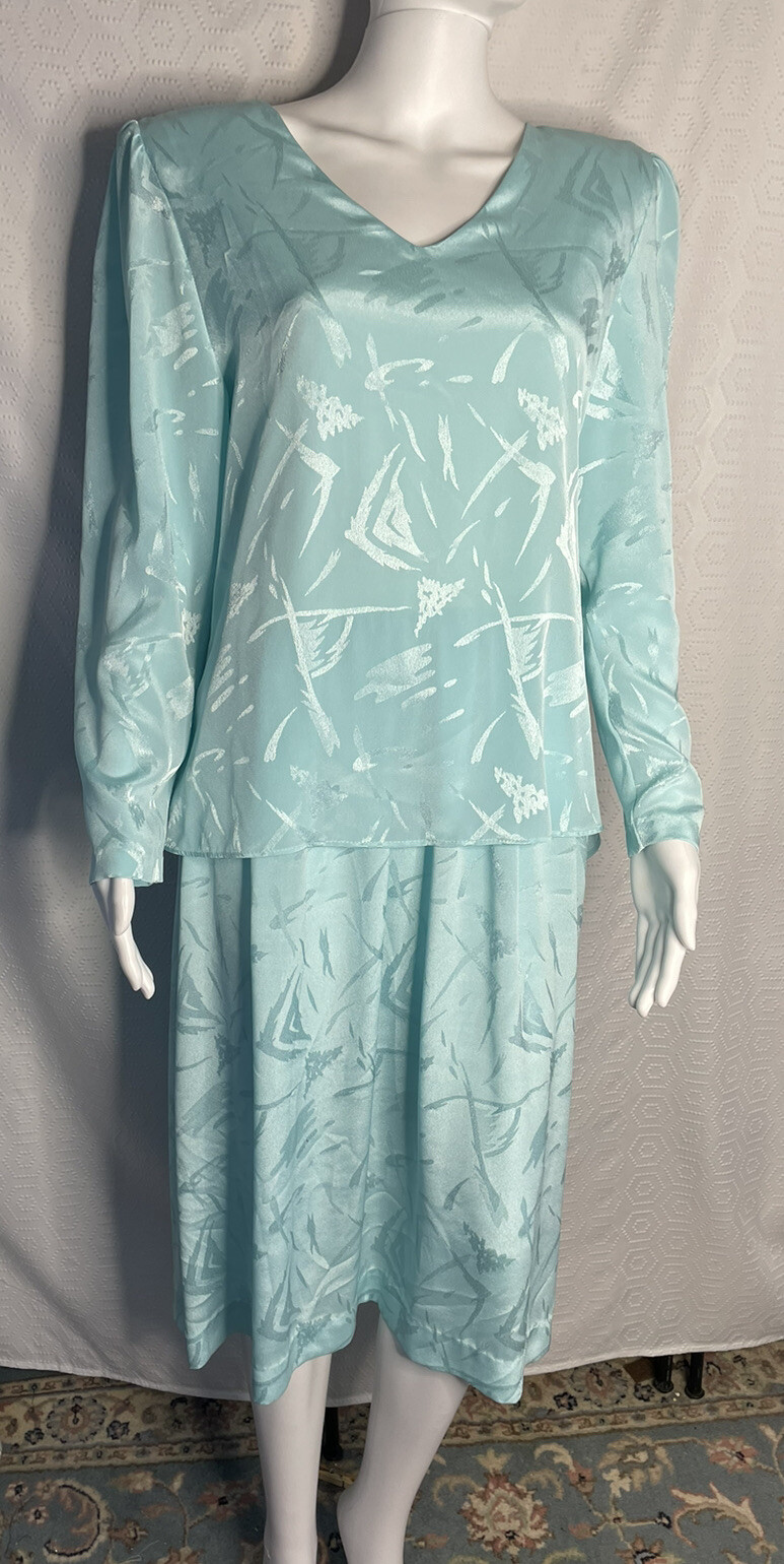 Vintage 70s Toni Todd Dress Aqua 14 Blue Shoulder Pads Union Made