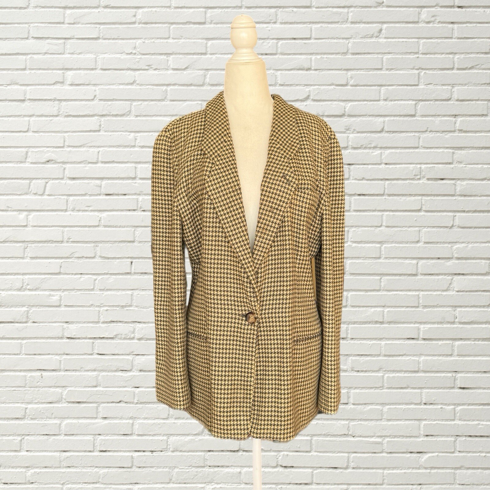 Vintage 80s Giorgio Armani Cashmere Blazer Jacket Yellow Brown Houndstooth Print