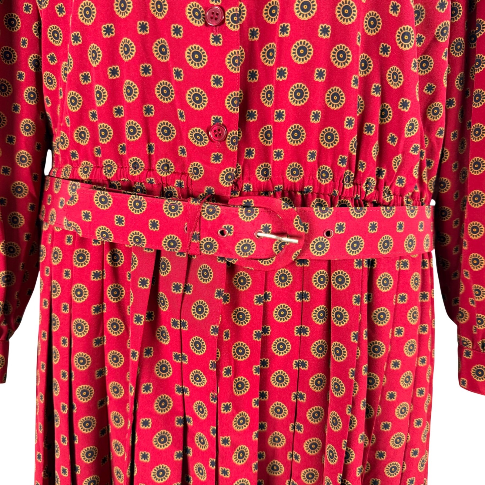 Appleseeds Vintage Red Medallion Print Pleated Midi Shirt Dress 12P Belted